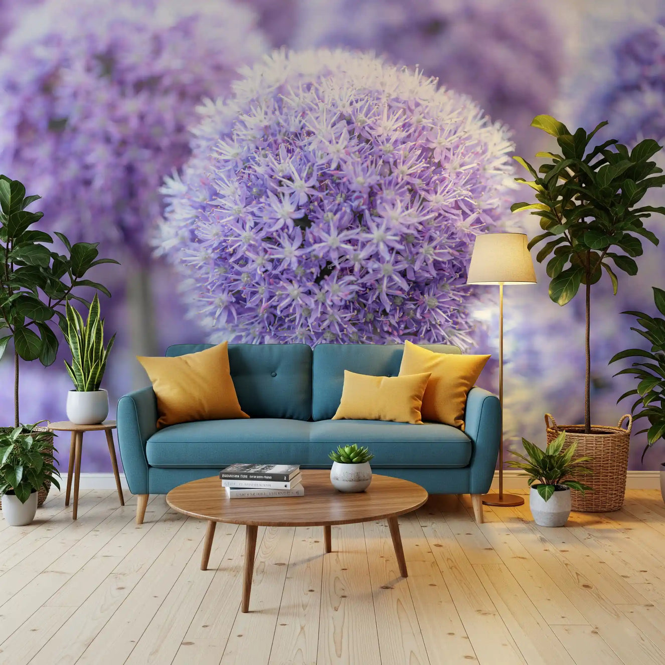 Living room glow boosted by an allium orb wall mural in lavender and cream.
