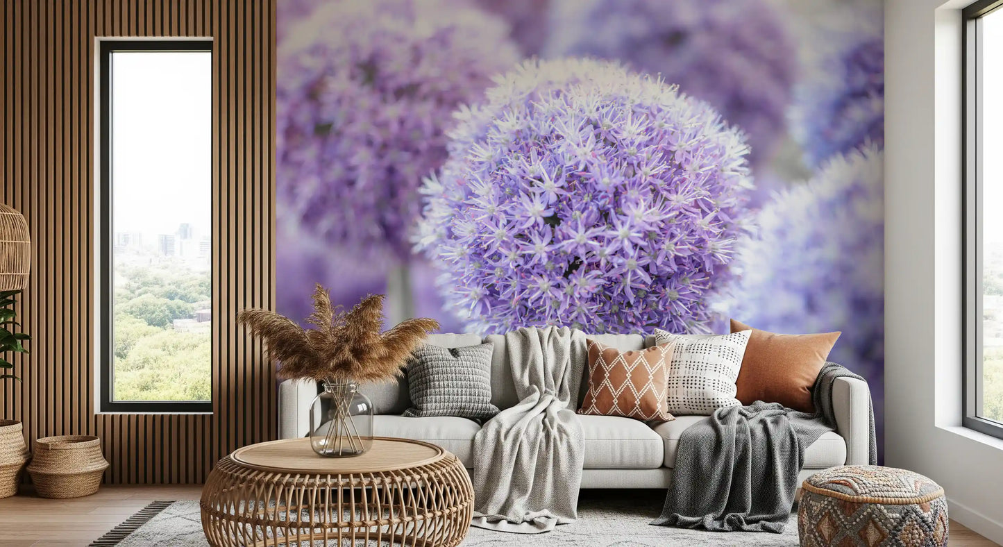 A painterly purple haze surrounds the central allium bloom of this wall mural.