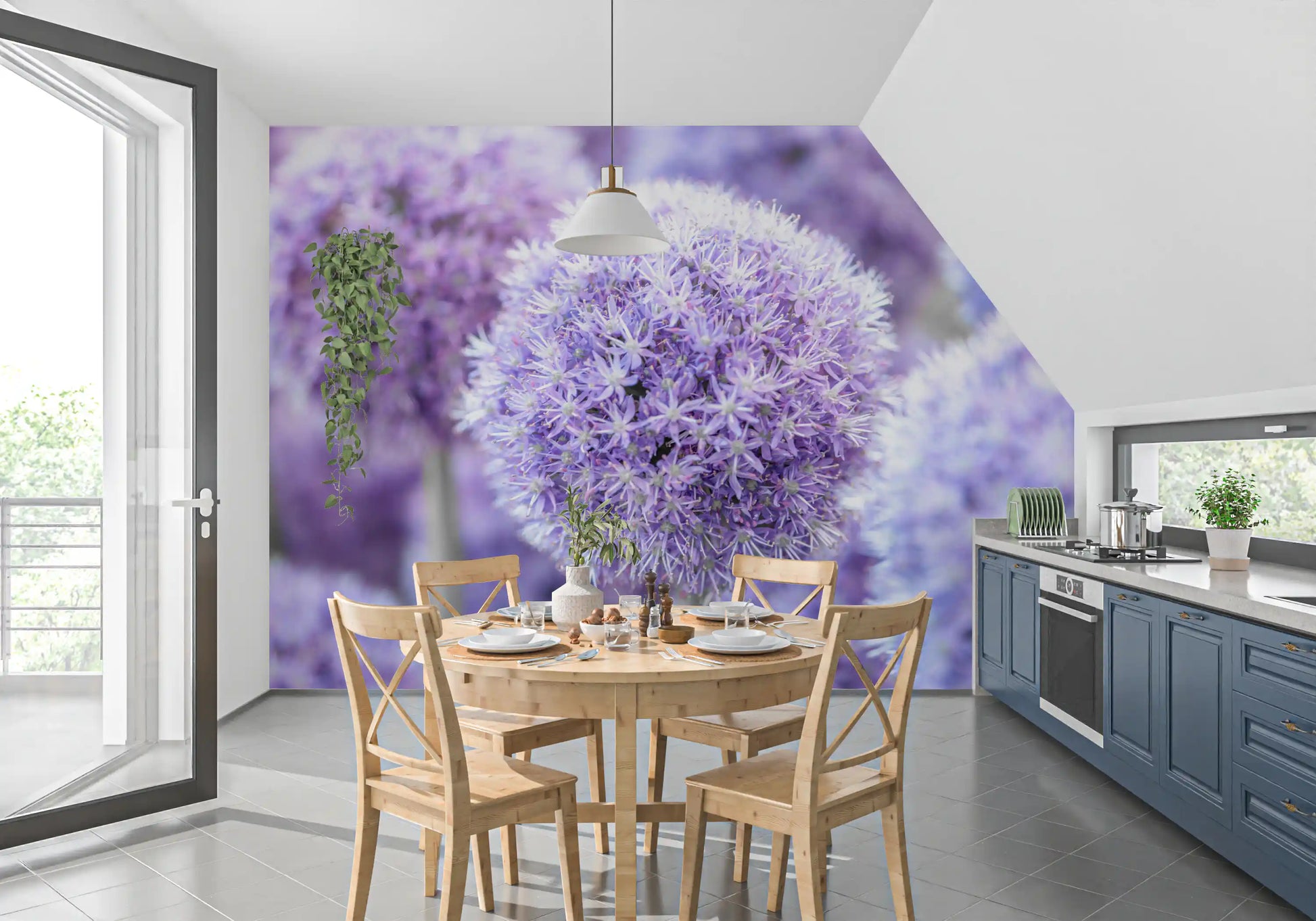 Within a Dining area setting, the floral orb wall mural pours lavender clusters into view.