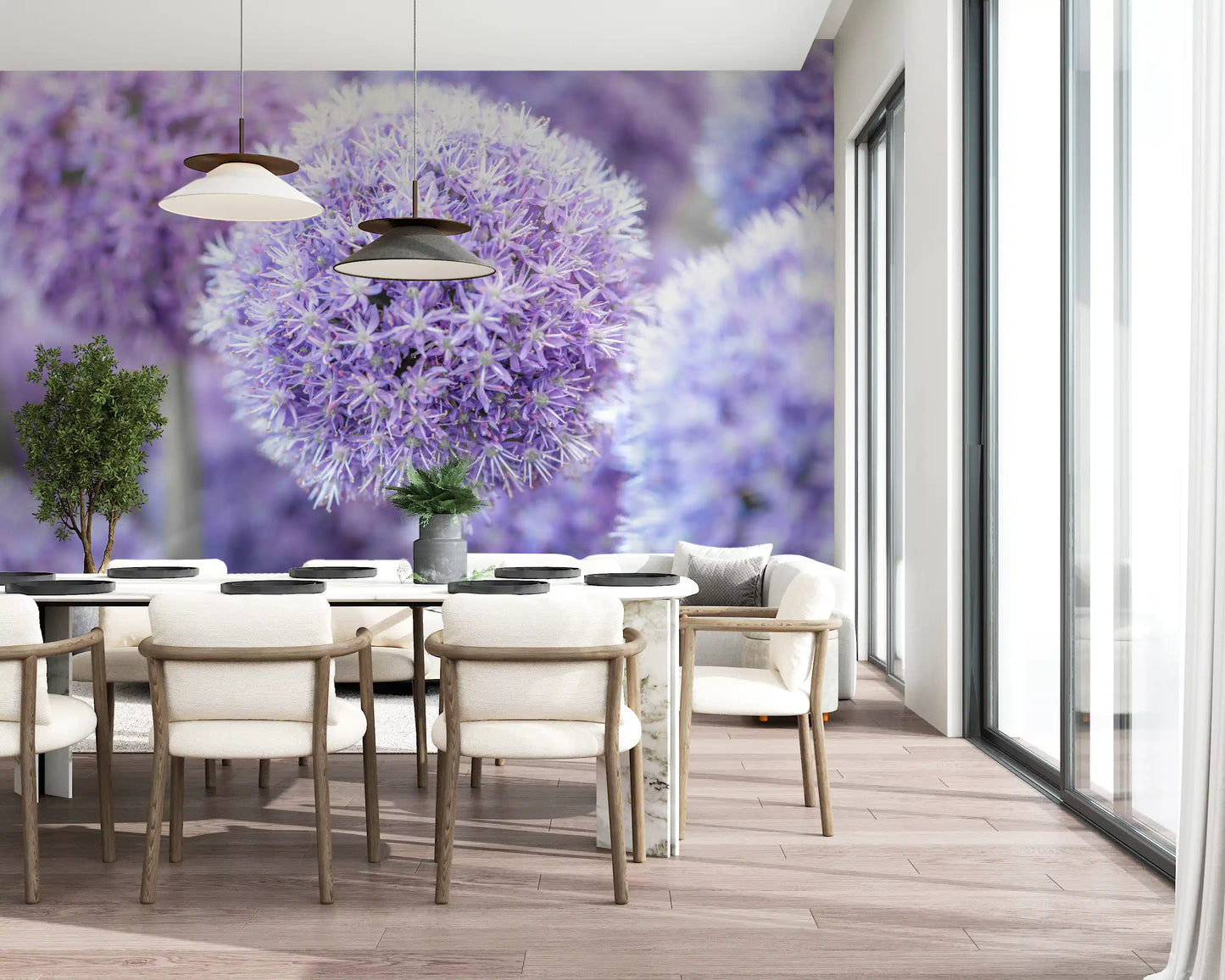 For a quiet Dining area, the lavender allium wall mural lifts the focal point in bloom.