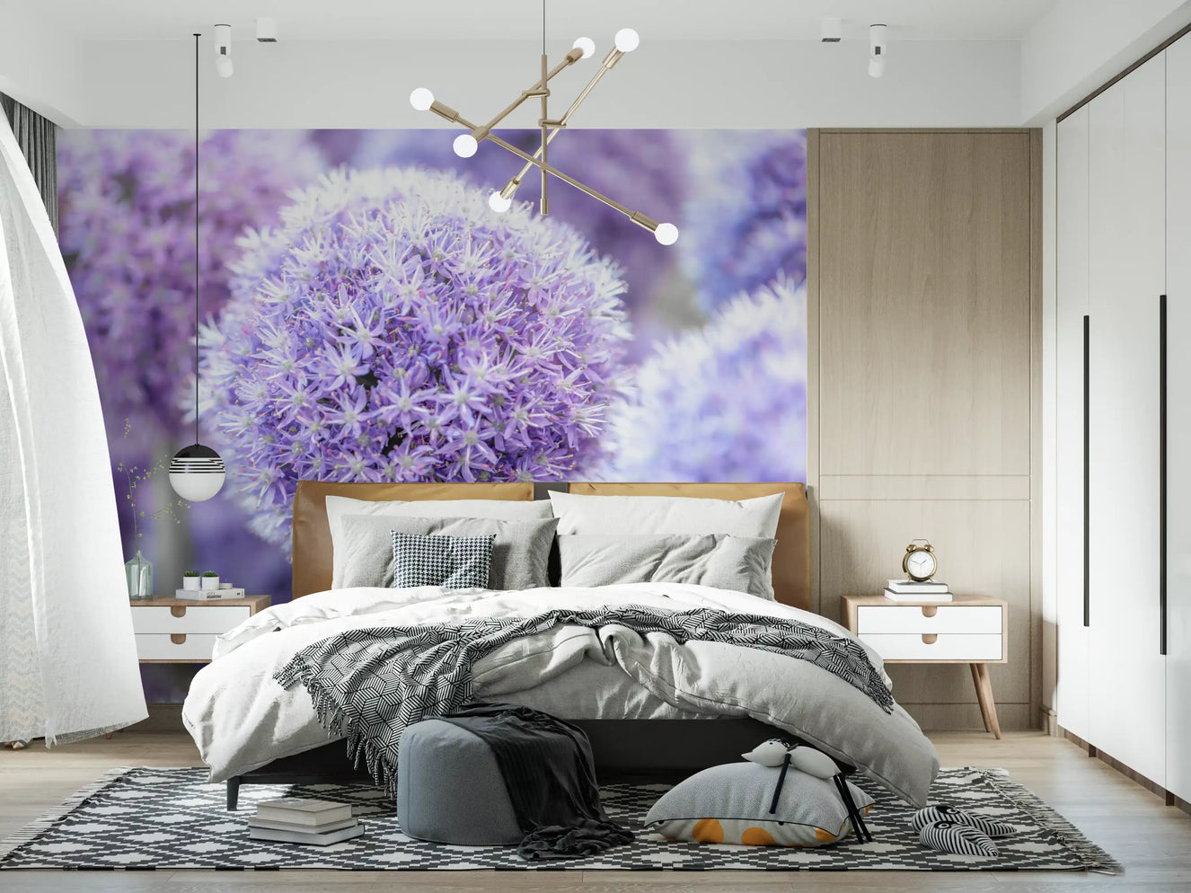 Bedrooms wake gently around a purple floral orb wall mural in lavender bloom.