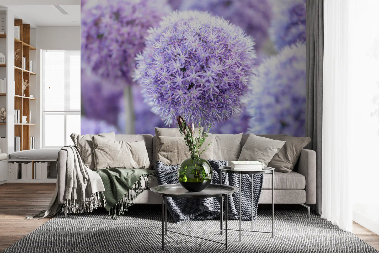 An airy Living room hosts purple allium globes on this dreamy bokeh wall mural.