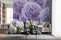An airy Living room hosts purple allium globes on this dreamy bokeh wall mural.
