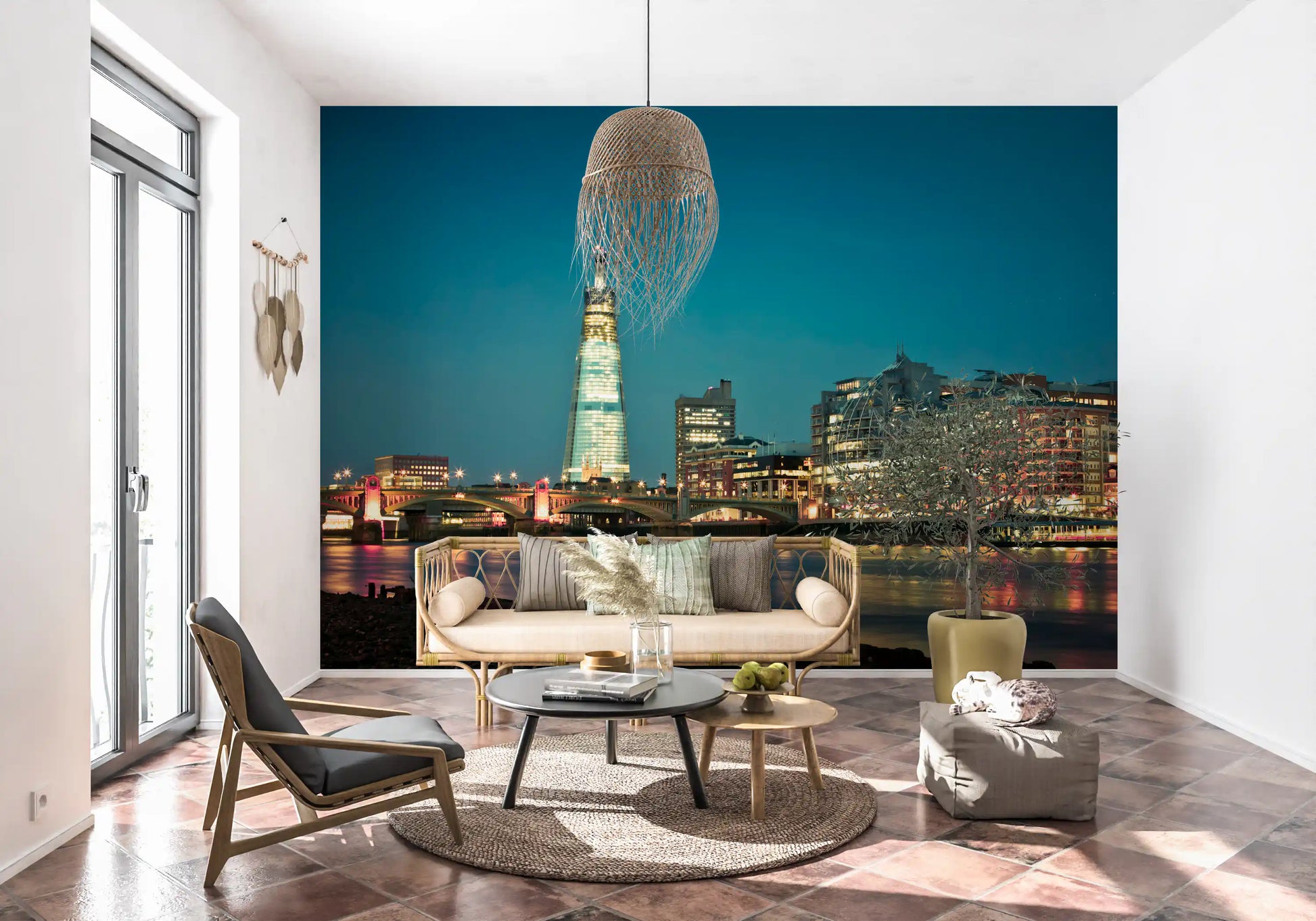 London at night wall mural bringing depth to a narrow hallway
