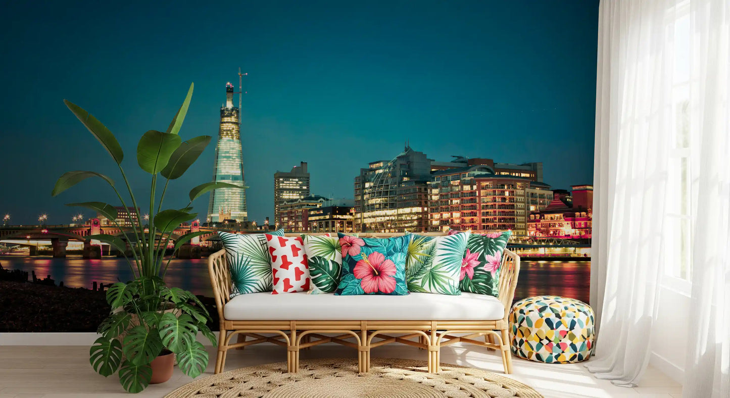 Warm Thames city glow wall mural shown on a lounge feature 
