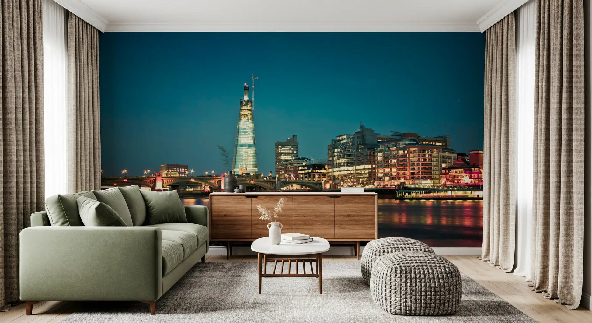 London skyline wall mural filling the living room with deep teal