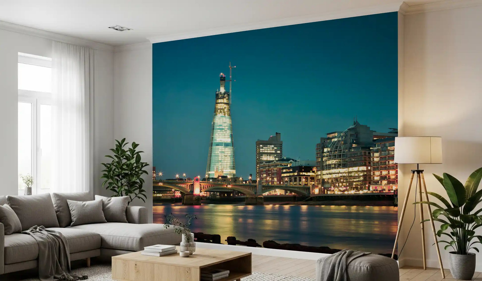 The Shard at dusk wall mural installed on a living room area 