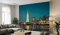The Shard at dusk wall mural installed on a living room area 