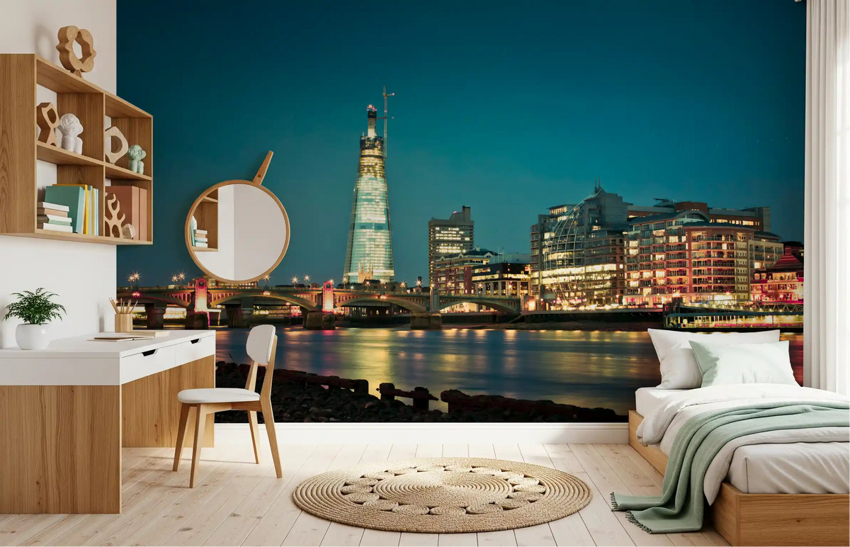 Twilight on the Thames wall mural spanning across the bedroom, GD9741