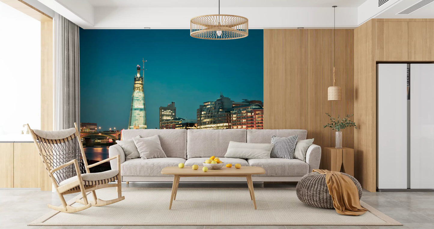Twilight on the Thames wallpaper with warm pink city lights on water