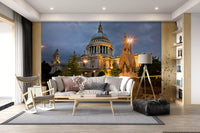 London Evening Glow wall mural displayed on a lounge with golden dome tones
