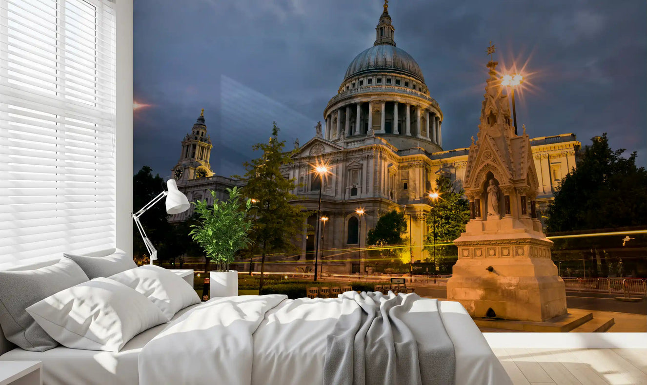St. Paul's Evening Glow wall mural giving a bedroom a London night-sky backdrop