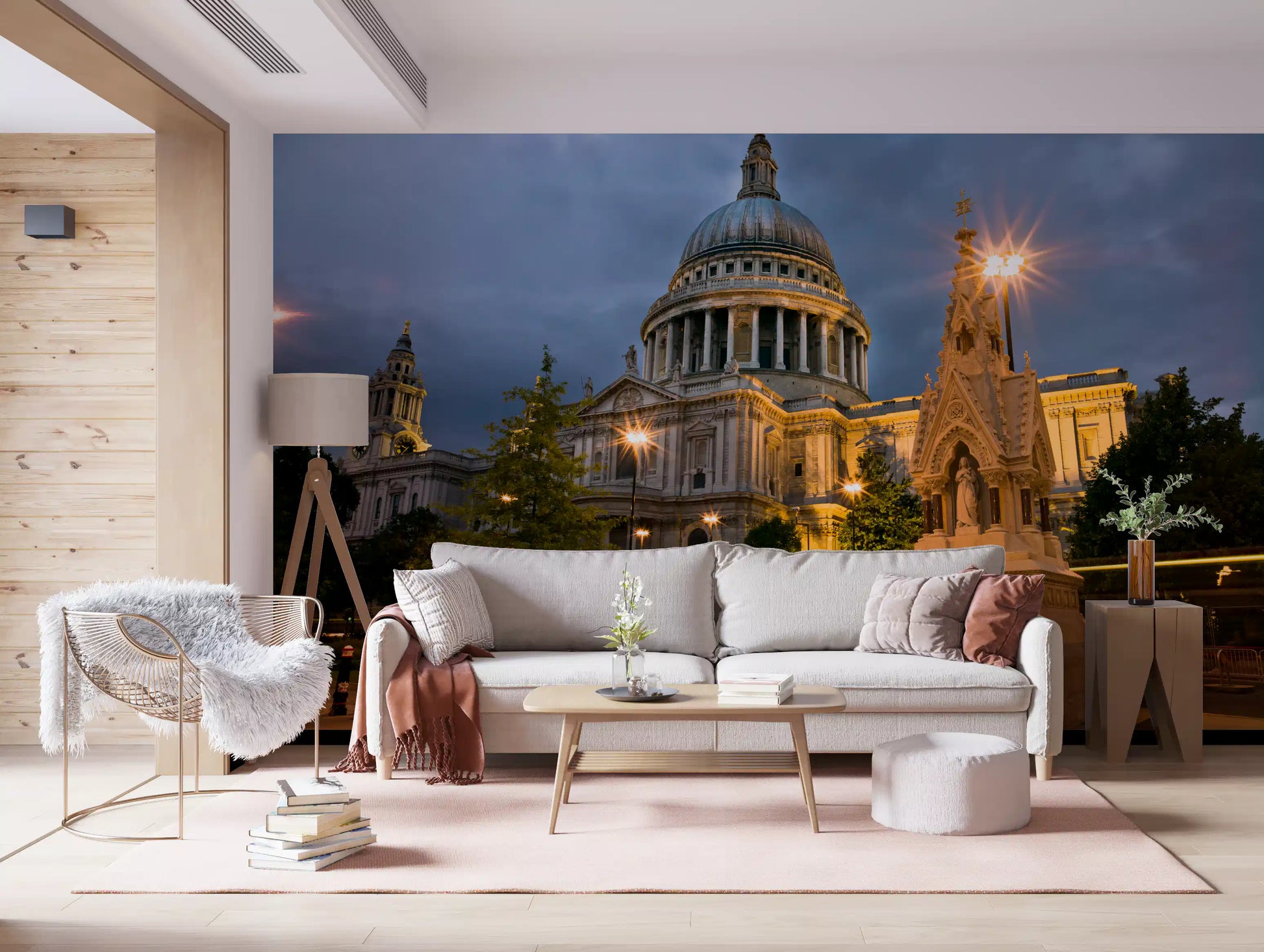 St. Paul's Cathedral glowing gold against a stormy dusk sky in this wall mural