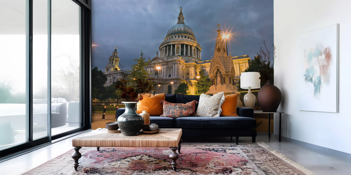 Full view of the Evening Glow London wall mural with storm clouds overhead