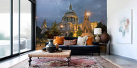 Full view of the Evening Glow London wall mural with storm clouds overhead