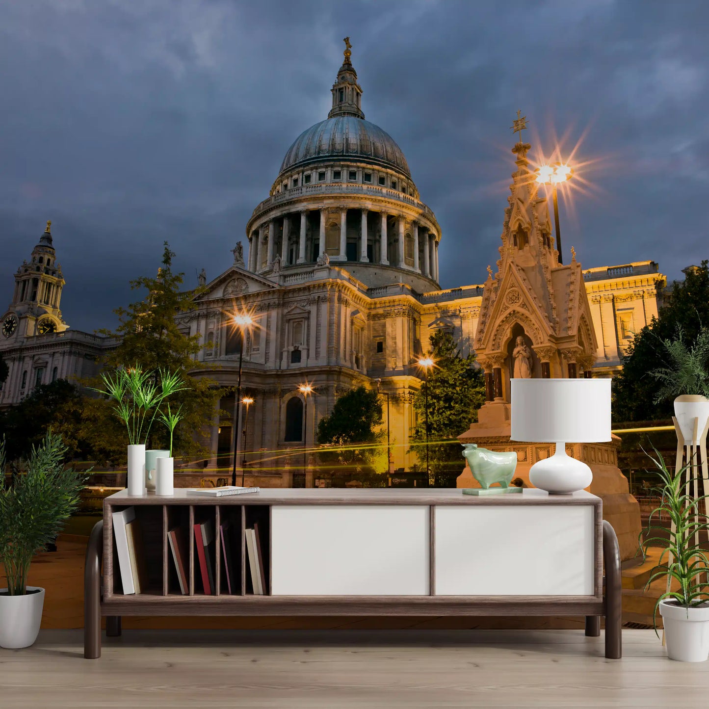 London Evening Glow wallpaper displayed on a lounge wall with golden dome tones
