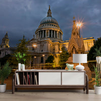 London Evening Glow wallpaper displayed on a lounge wall with golden dome tones

