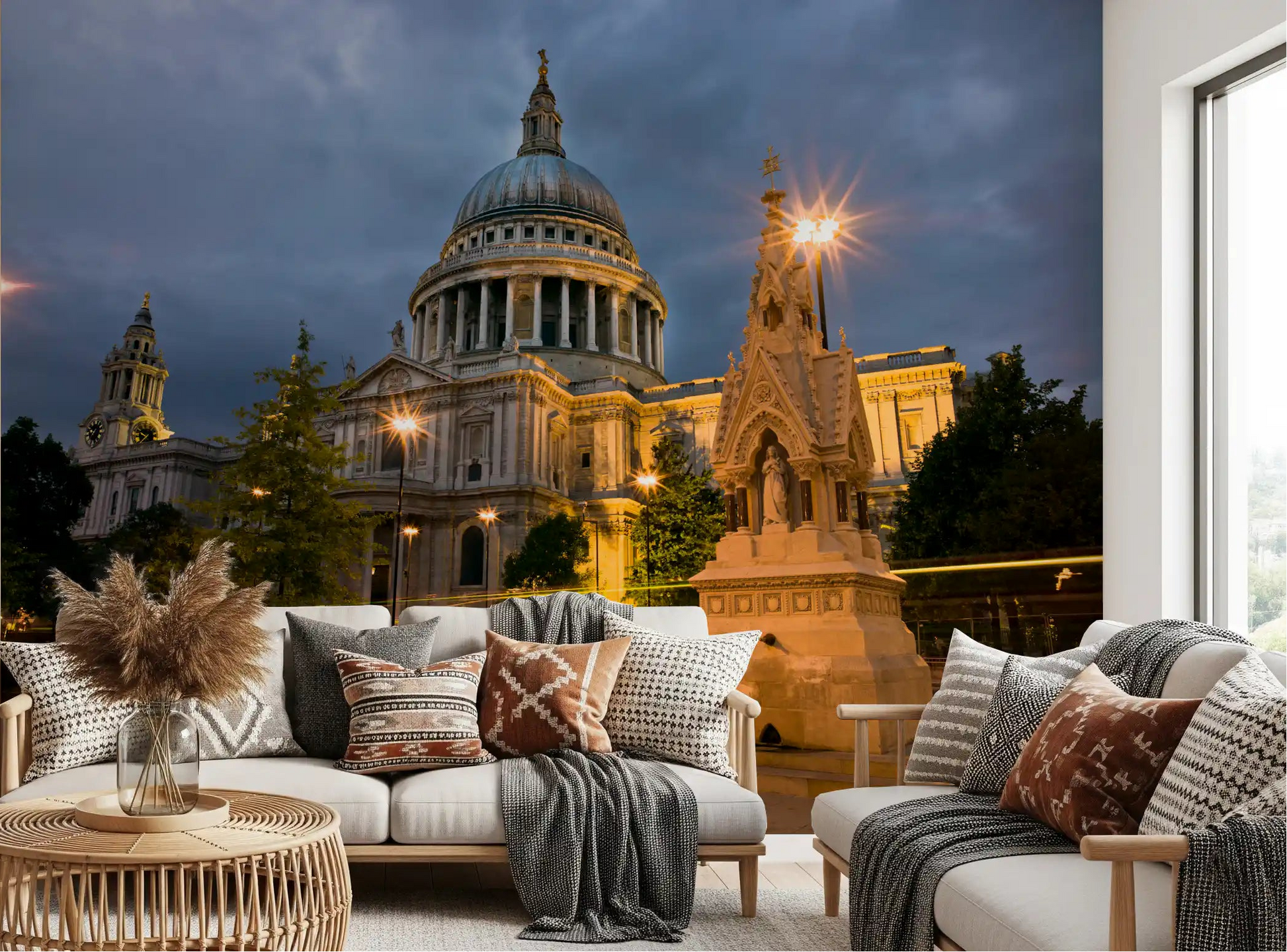 London dome wall mural bathing a Living room in deep blue and warm gold evening tones