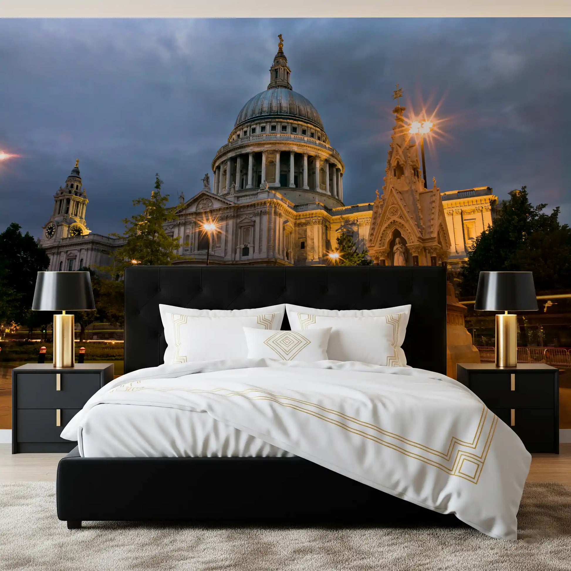 Evening Glow cathedral wall mural adding a dramatic dusk scene to a bedroom 