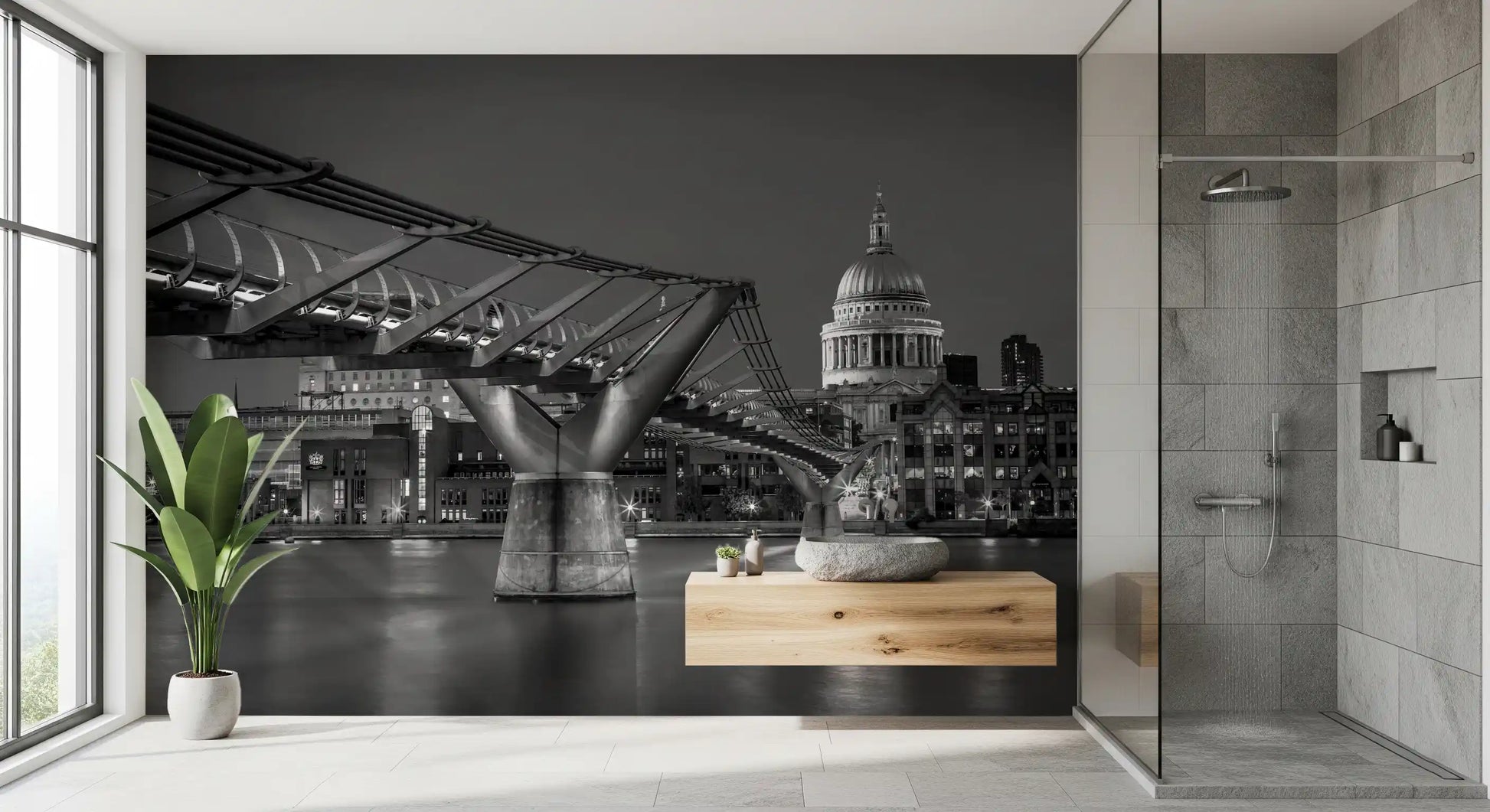 Monochrome London wall mural with St Paul's in a bathroom setting