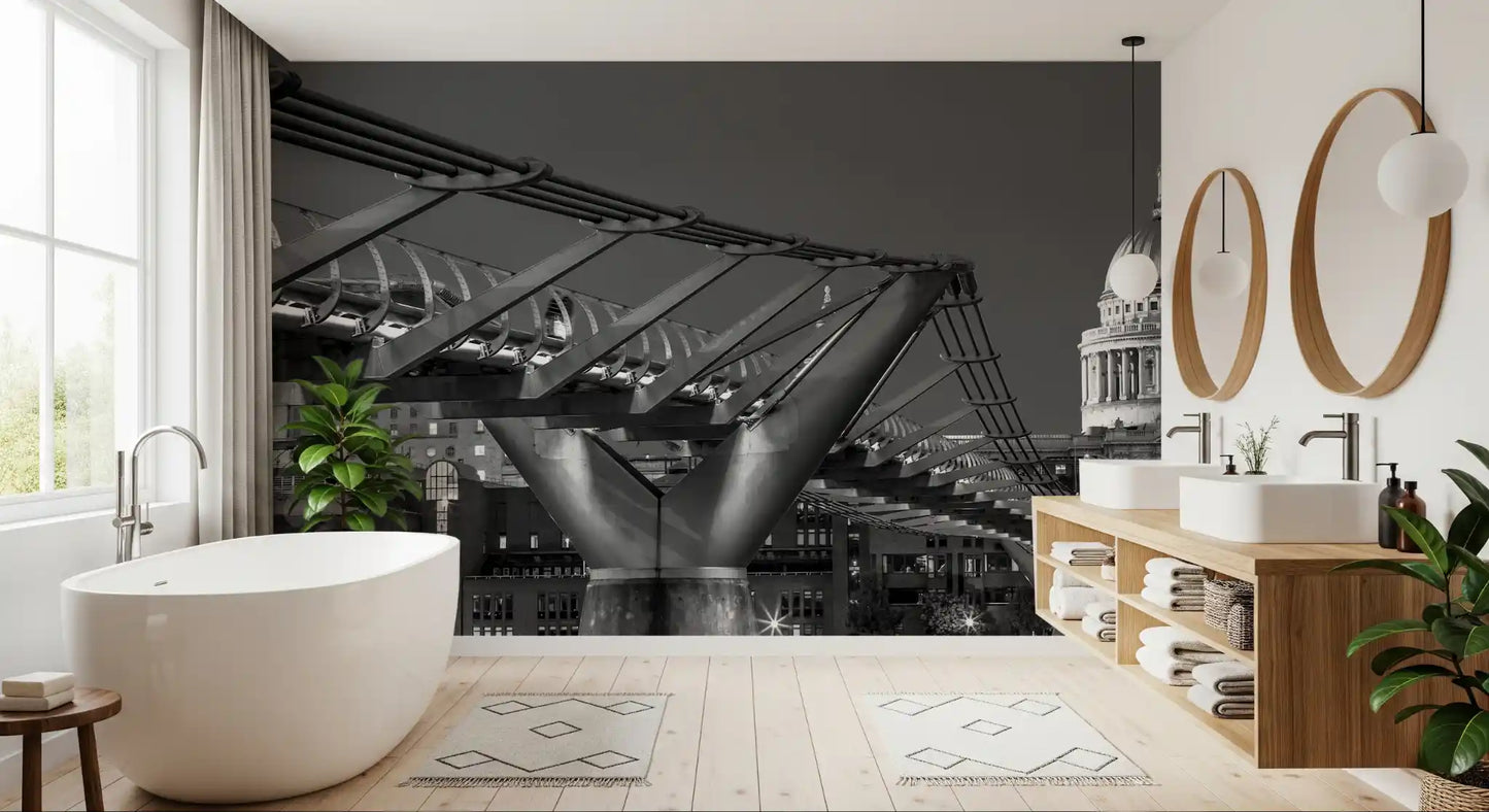 Night photography wall mural showing London's Millennium Bridge in greyscale