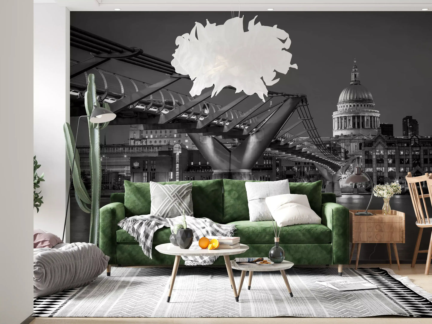 Monochrome Thames cityscape wall mural with Millennium Bridge at night