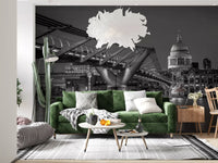 Monochrome Thames cityscape wall mural with Millennium Bridge at night
