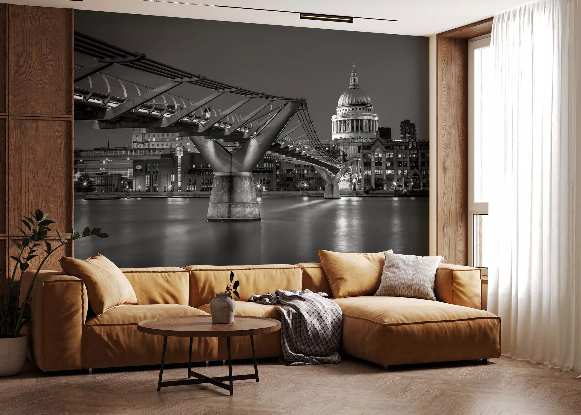 Greyscale Millennium Bridge wall mural on a living room 
