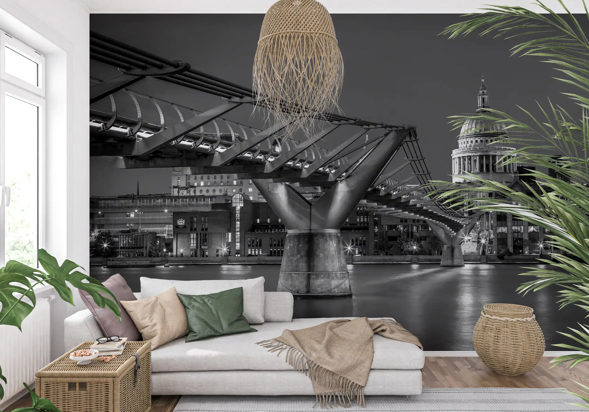 Black and white London Millennium Bridge Nightfall wall mural