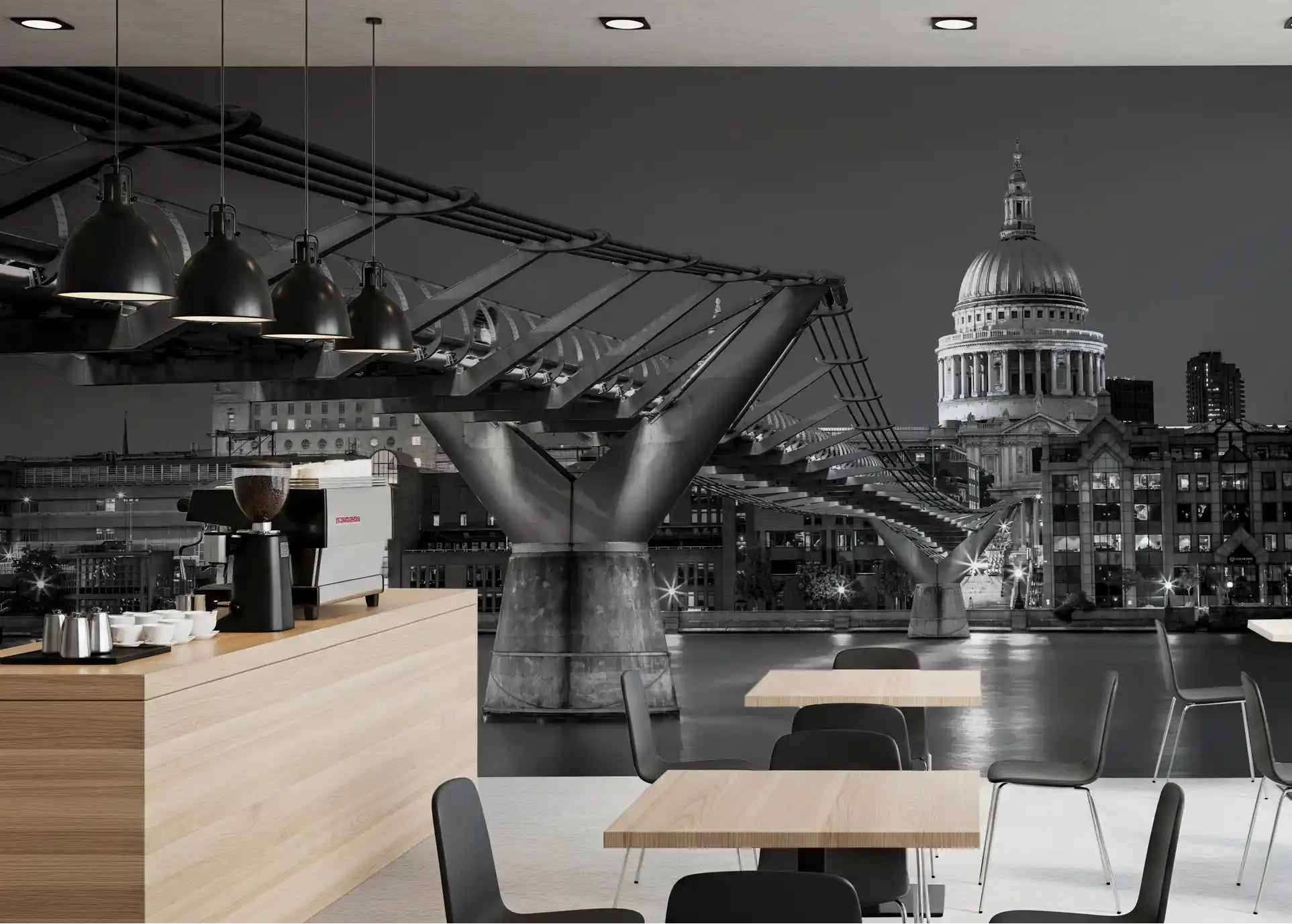 Millennium Bridge Nightfall wall mural displayed in a Café dining setting, GD9743