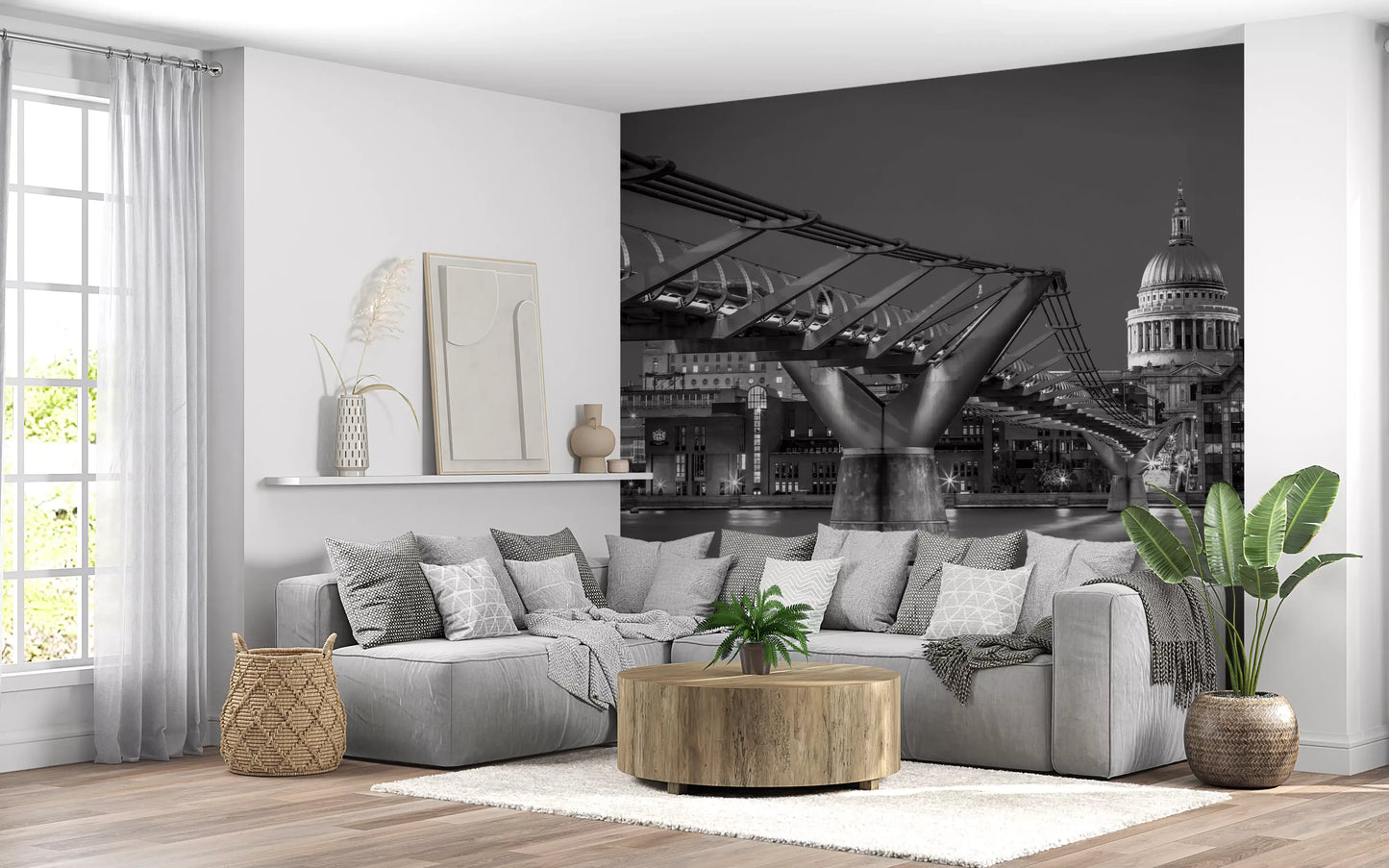 Thames cityscape wall mural featuring Millennium Bridge on a living room 