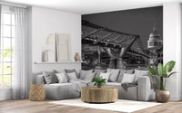 Thames cityscape wall mural featuring Millennium Bridge on a living room 