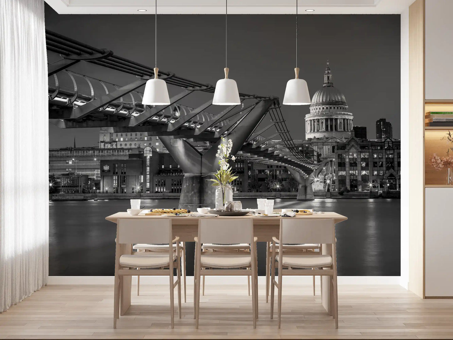 London Nightfall wall mural in monochrome in a dining room setting