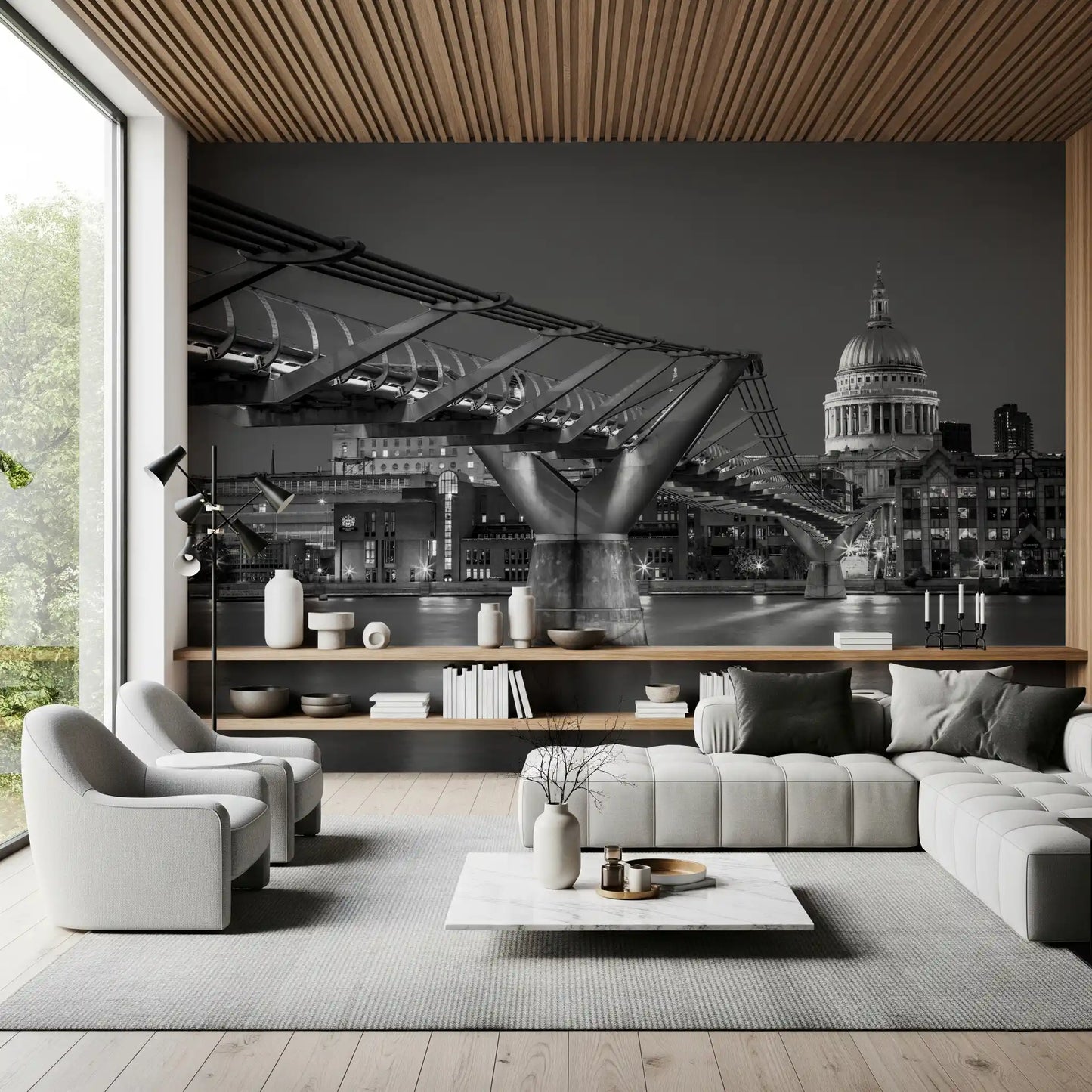 Nightfall wall mural with London cityscape on a living room wall with plants

