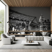 Nightfall wall mural with London cityscape on a living room wall with plants
