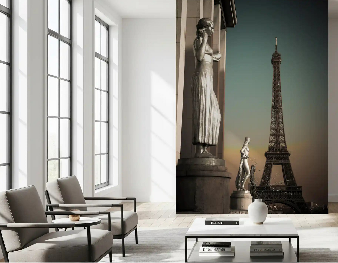 Trocadéro statues and tower wall mural on a lounge area 