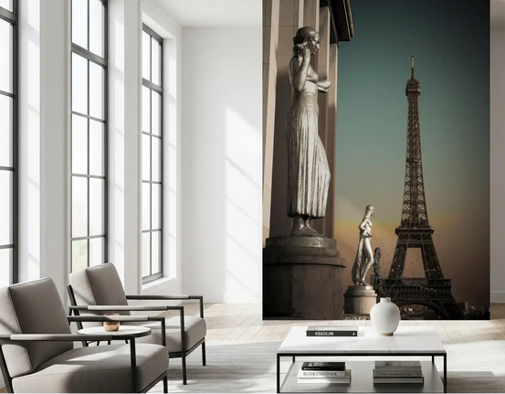 Trocadéro statues and tower wall mural on a lounge area, GD9744