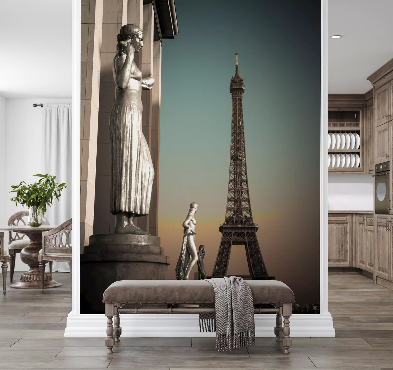 Parisian Grandeur wall mural set against a warm-toned Hallway  