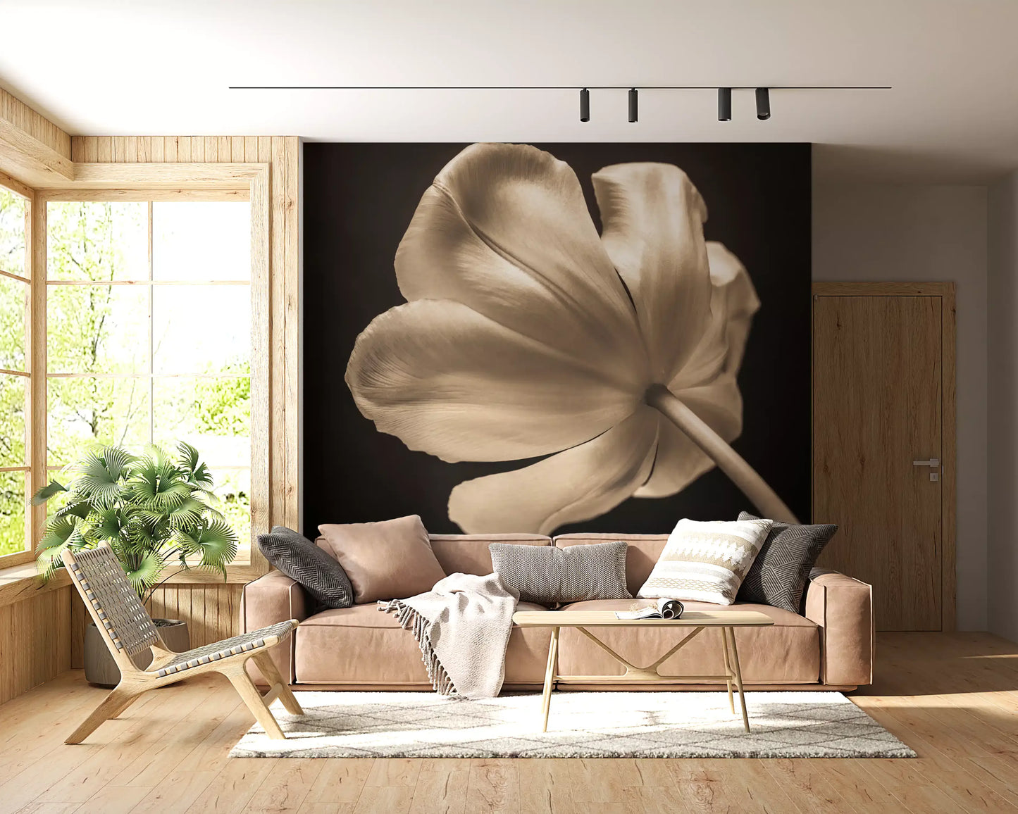 Ethereal Tulip Bloom wall mural in sepia gold tones against a dark background, GD9745