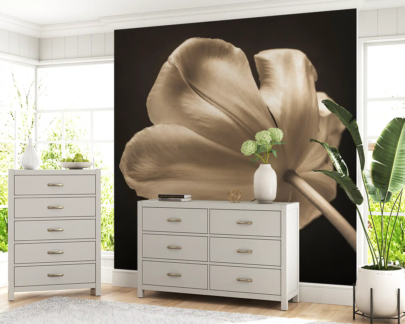 Tulip Bloom wall mural in sepia cream tones brightening a Living room area 