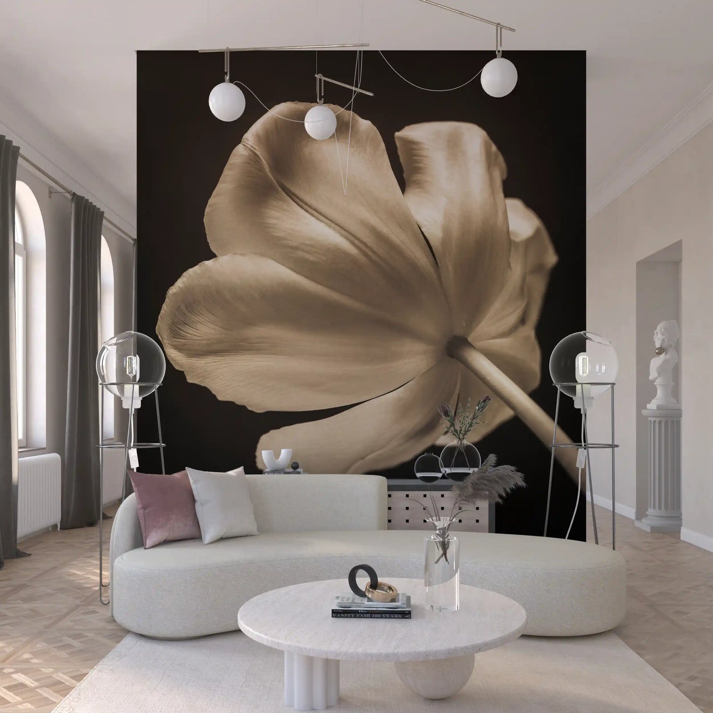 Ethereal Tulip wall mural covering a bedroom in warm cream and bronze hues, GD9745