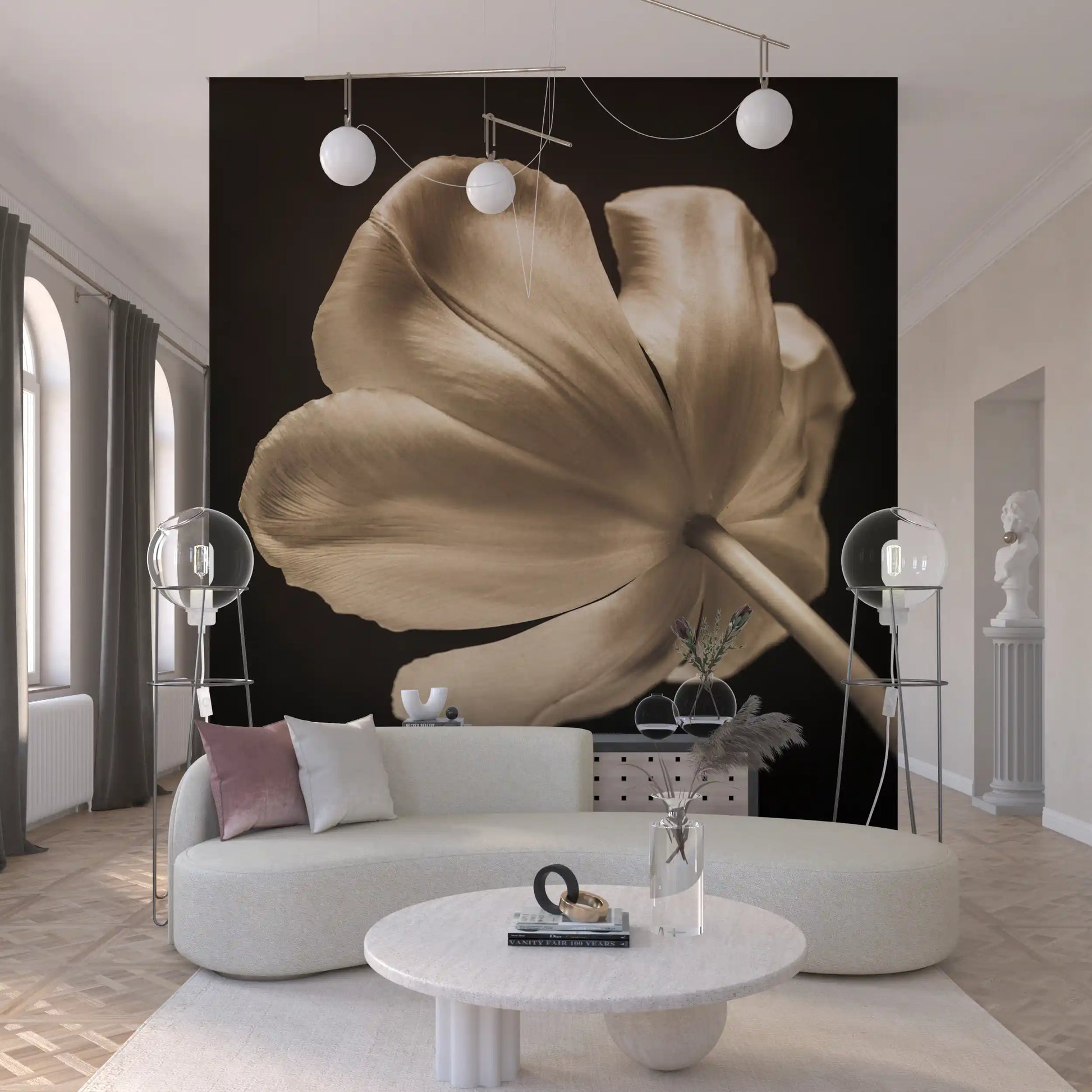 Ethereal Tulip wall mural covering a bedroom in warm cream and bronze hues, GD9745