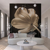 Ethereal Tulip wall mural covering a bedroom in warm cream and bronze hues, GD9745