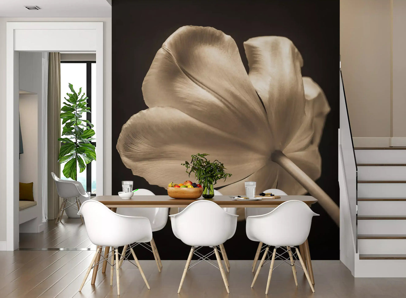 Ethereal Tulip Bloom wall mural filling a dining room in sepia gold tones