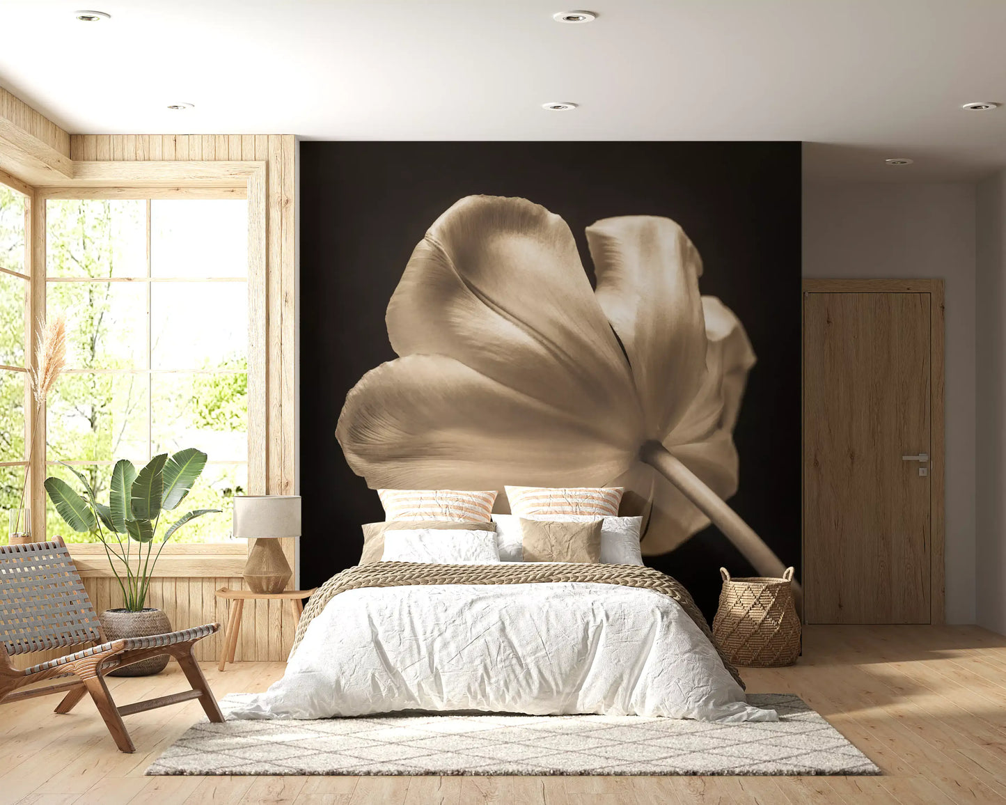 Sepia tulip wall mural centered on a Bedroom as a feature focal point, GD9745
