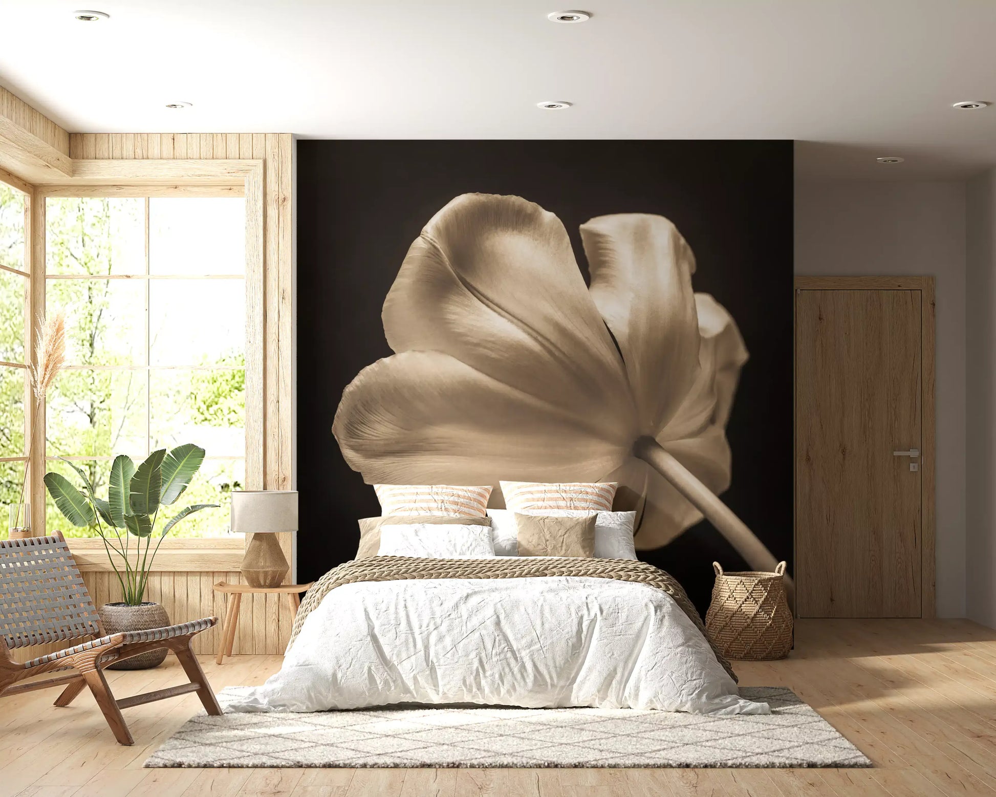 Sepia tulip wall mural centered on a Bedroom as a feature focal point, GD9745