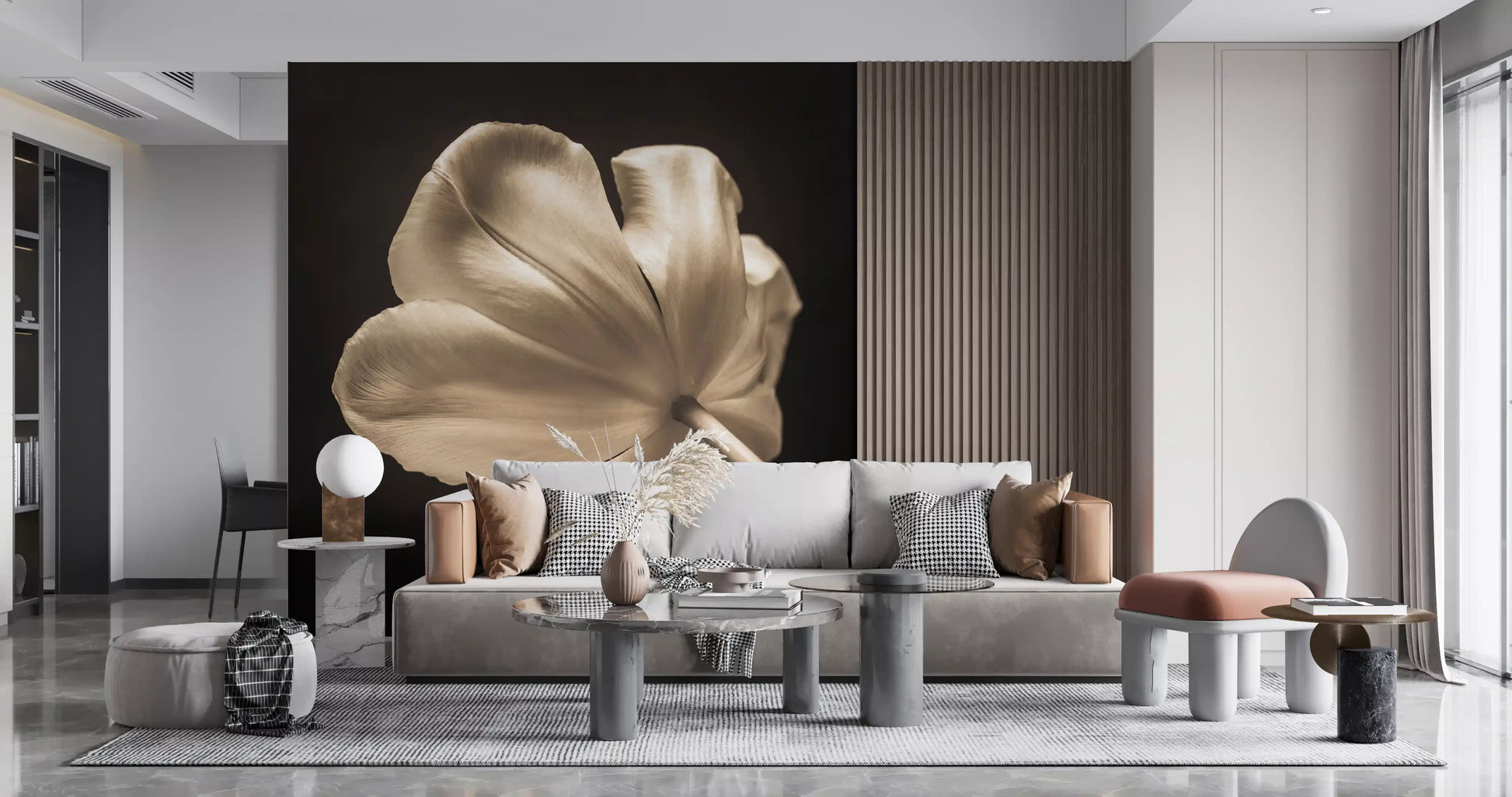 Cream and bronze petal detail on the Ethereal Tulip Bloom wall mural at scale, GD9745