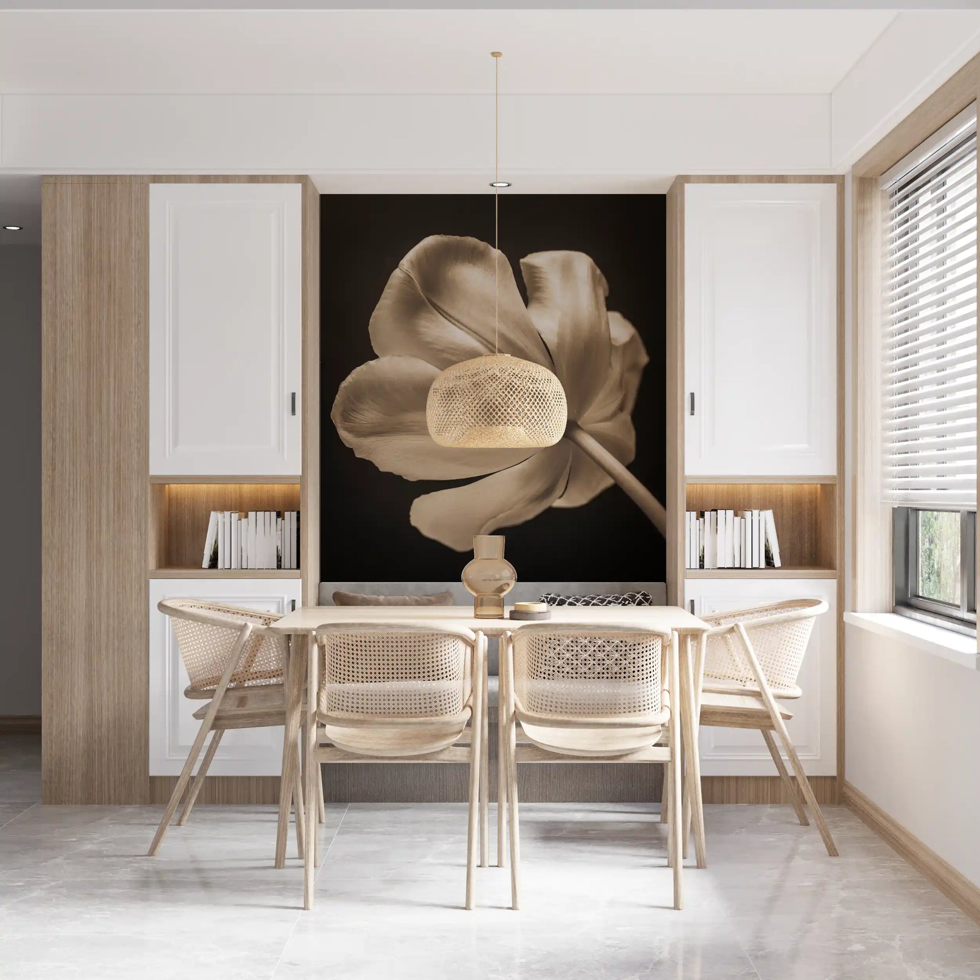 Ethereal Tulip Bloom wallpaper across a Dining room in muted gold tones, GD9745