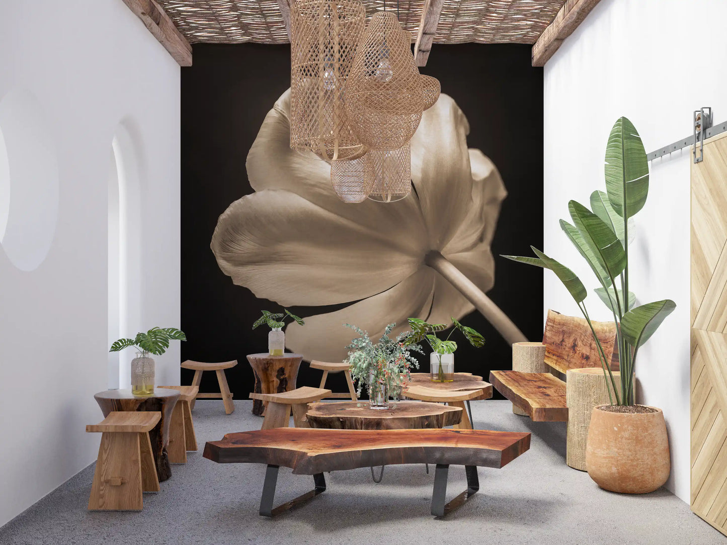 A single oversized tulip bloom centered on this sepia tone wall mural, GD9745