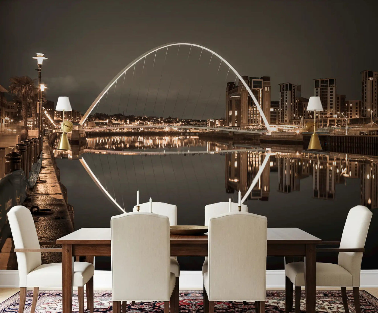 Archway of Light wall mural running full-width along a dining room 